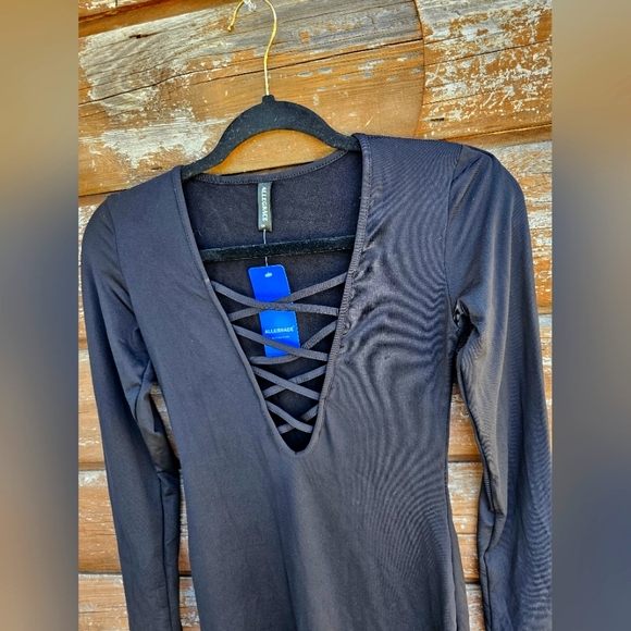 Allegrace Butter Soft Black Bodycon Midi Vneck Caged Strappy Fleece Lined Dress - Picture 3 of 6